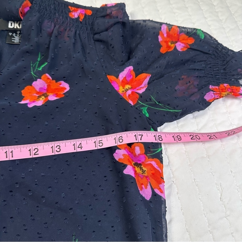 DKNY Party Floral Navy and Pink Flower Bow neck Ruffle Sheer Sleeves Mini Dress - Picture 5 of 16